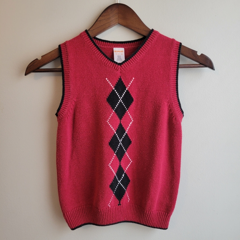 Gymboree Boys School Formal Red And Black Argyle Sweater Vest, XS/4